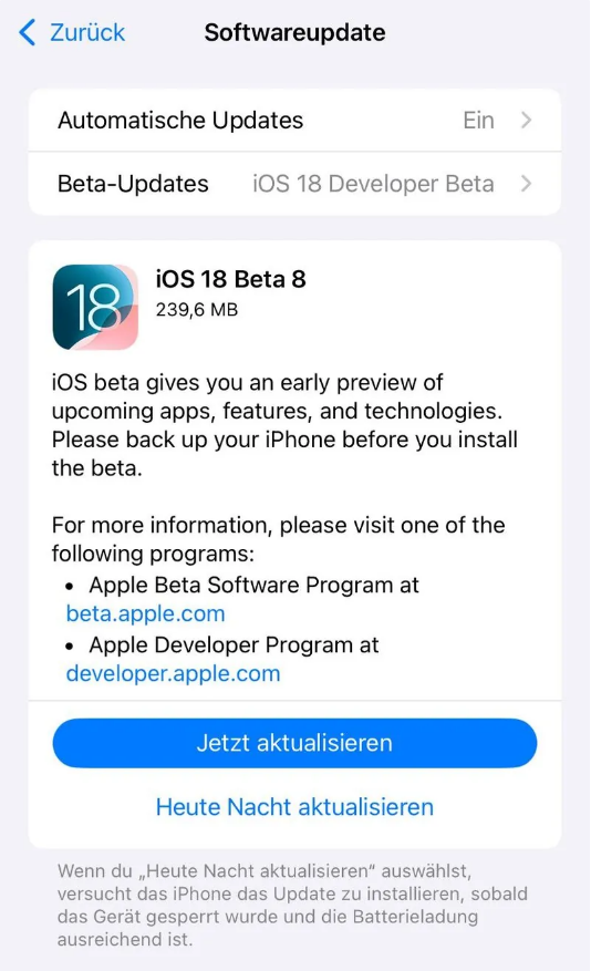 七叉镇苹果手机维修分享苹果 iOS / iPadOS 18 开发者预览版 Beta 8 发布 